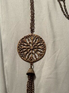 Bronze Tone Floral Medallion Tassel Necklace